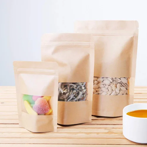 Vista 5 de Bolsas de papel kraft de pie 100 unidades, bolsas resellables marrones con ventana para el hogar o negocios, café, bolsas de almacenamiento