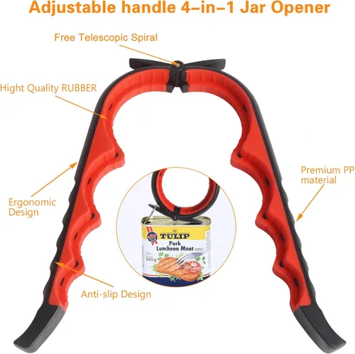 Vista 4 de Abridor de frascos y botellas para manos débiles, kit abridor de latas y botellas multifunción 5 en 1 con mango de silicona, fácil de usar para Rojo