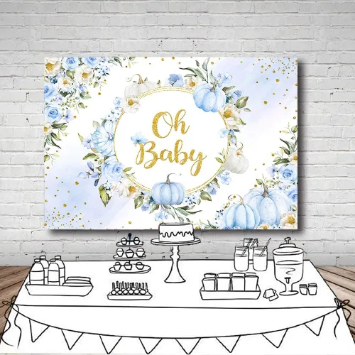 Vista 4 de MEHOFOND Fondo de otoño de 7 x 5 pies con diseño de calabaza Oh Baby en colores pastel, acuarela, azul, floral, recién nacido, baby shower