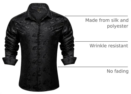 Vista 4 de DiBanGu Camisa de vestir de paisley de seda para hombre, formal, de manga larga, con cuello abotonado, camisas informales para fiesta de boda Negro