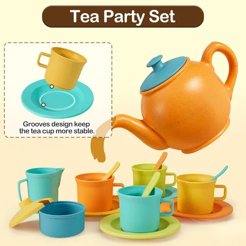 Vista 3 de BUYGER Accesorios de cocina para niños y juego de té para niños pequeños de 3 a 5 años, platos de juguete de cocina, utensilios, juego de vajilla