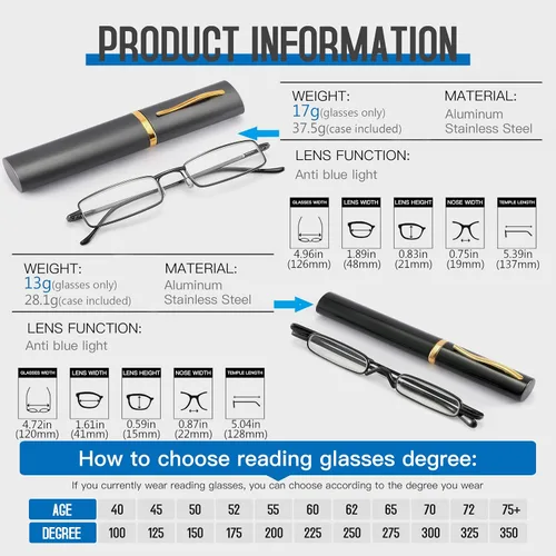 Vista 2 de touk Small Portable Reading Glasses Anti Blue Light UV, Compact Slim Pocket Readers with Mini Pen Clip Tube Case 2 Pairs