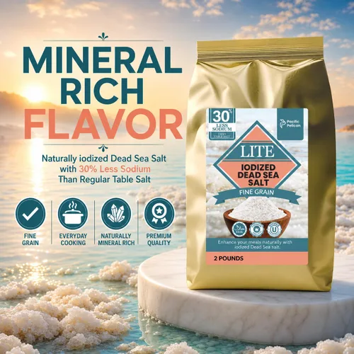 Vista 5 de Pacific Pelican 30% menos de sal Lite yodada de sodio del Mar Muerto - Grano fino Kosher sin refinar, natural yodada, sal baja en sodio