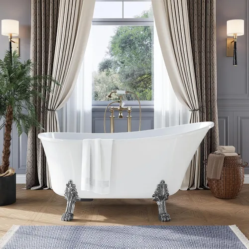 Vista 13 de 59 Inch Freestanding Bathtubs, White Acrylic Free Standing Bathtub, Modern Soaking Tub with Integrated Overflow & Chrome Drain for Bathroom Remodel