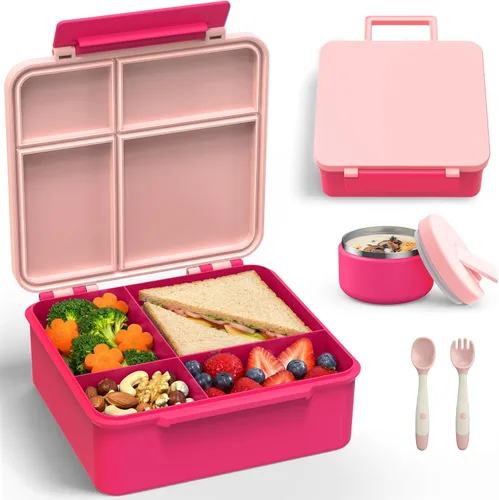 Vista 9 de Lonchera Bento con termo de sopa de 8 onzas, recipientes de almuerzo a prueba de fugas con 4 compartimentos, tarro térmico para comida caliente