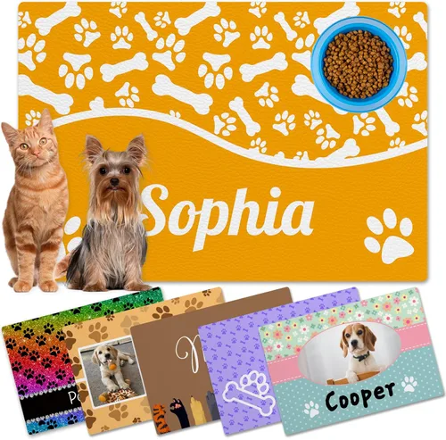 Vista 9 de Alfombrillas personalizadas de piel sintética para comida y agua, antideslizante e impermeable para nombre/foto, tapete personalizado