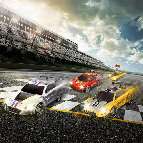 Vista 5 de Slot Car Race Track a escala 1:43 para niños, pistas LED eléctricas, doble carreras, 4 autos con faros, juguete grande, juego de pistas de regalo