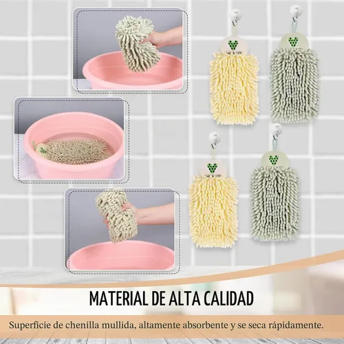 Vista 5 de Kinlop 4 toallas de mano de chenilla para colgar, de microfibra, con bucles para colgar, para baño, color beige y verde claro