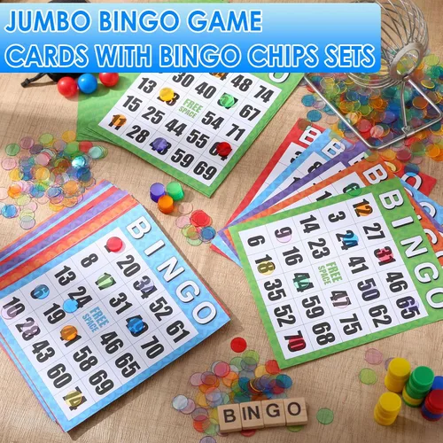 Vista 4 de Eersida Paquete de 1100 tarjetas de juego de bingo jumbo con fichas de bingo para personas mayores, 1000 fichas de puntuación transparentes, 8 x 9