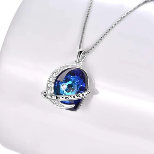 Vista 4 de Collar con colgante de corazón de plata de ley con elementos de cristal azul, regalo para esposa, novia