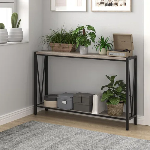 Vista 2 de IDEALHOUSE Mesa consola gris, mesa de entrada gris de 42.9 pulgadas con almacenamiento, mesa de sofá larga estrecha de 2 niveles de madera y metal