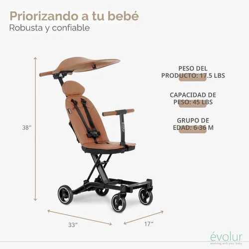 Vista 3 de Evolur Cochecito Cruise Rider con toldo, cochecito paraguas ligero con plegado compacto, cochecito de viaje fácil de transportar - Coñac
