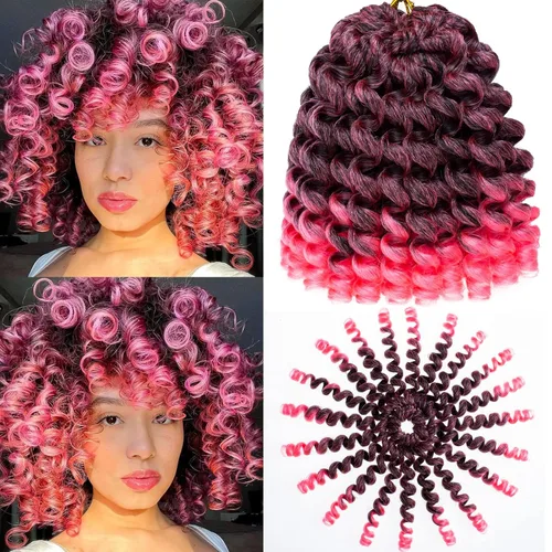 Vista 2 de Leeven Pelo corto de 8 pulgadas de Jamaica Bounce Wand Curl Crochet Hair Senegalese Twist sintético trenzado de pelo Ombre rosa Jumpy Wand Rizado