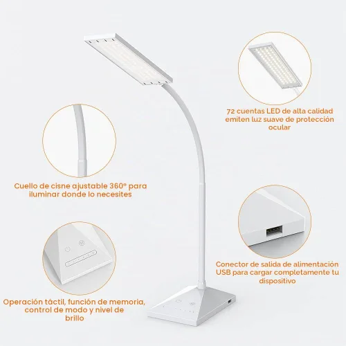 Vista 4 de Vansuny Lámpara de escritorio LED con puerto de carga USB, cuidado de los ojos, 5 modos de color, 6 niveles de brillo, control táctil, cuello