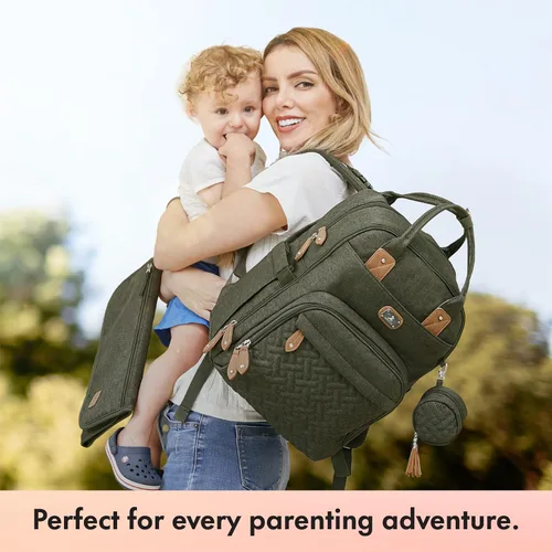 Vista 6 de Dikaslon Mochila para pañales con cambiador portátil, funda para chupete y correas para cochecito, bolsas de bebé unisex grandes para niños y niñas