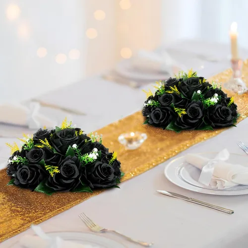 Vista 2 de BLOSMON Bolas de Flores para Bodas, Centros de Mesa de Rosas, 2 Piezas, Flores Artificiales Negras, Bolas Florales Colgantes, Decoración de Arreglos