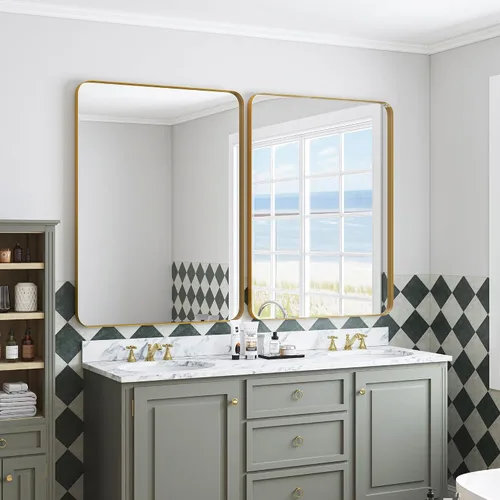 Vista 3 de Espejo de pared rectangular con marco de metal negro de 30 x 40 pulgadas, espejo rectangular grande y redondeado, antioxidante, vidrio templado, se