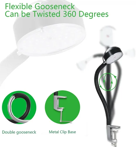 Vista 3 de Luz de trabajo con abrazadera LED de 20 W con base de clip de metal, 2000 lúmenes, 6500 K, enchufe de 110 V, luz de prensa de taladro con cuello