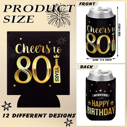 Vista 2 de Umigy 24 fundas de neopreno para latas de cumpleaños de 80 a 80 años, decoraciones de cumpleaños, regalos de fiesta, regalo para hombres y mujeres
