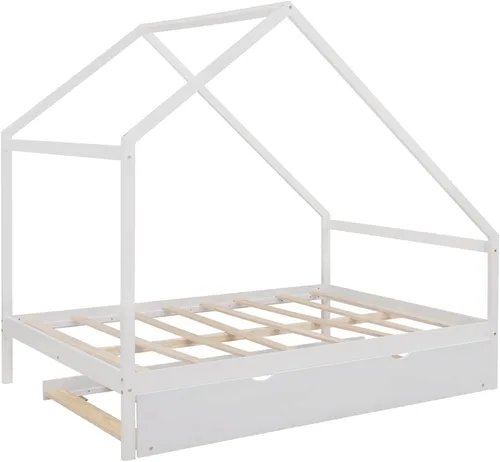 Vista 4 de Cama de casa de tamaño matrimonial con cama nido de tamaño individual, marco de sofá cama de madera maciza con techo, se puede decorar, marco