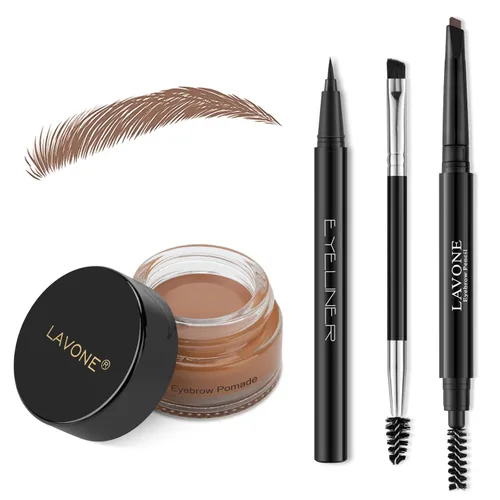 Vista 30 de LAVONE Kit de lápiz de sello para cejas, kit de maquillaje triple con lápiz de ceja impermeable, delineador, pomada de cejas y cepillo de cejas