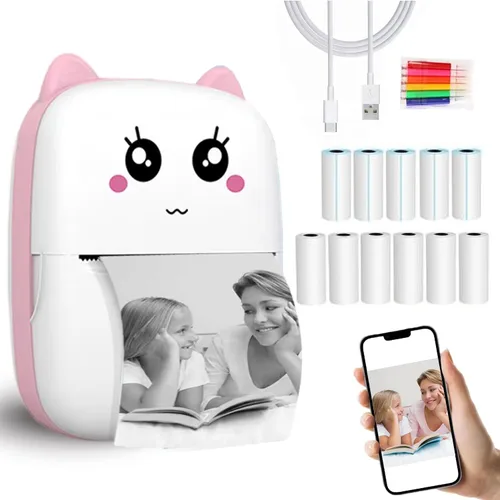 Vista 8 de Mini impresora de calcomanías con 11 rollos de papel, recibo de bolsillo térmico sin tinta para iOS iPhone y Android, Bluetooth portátil