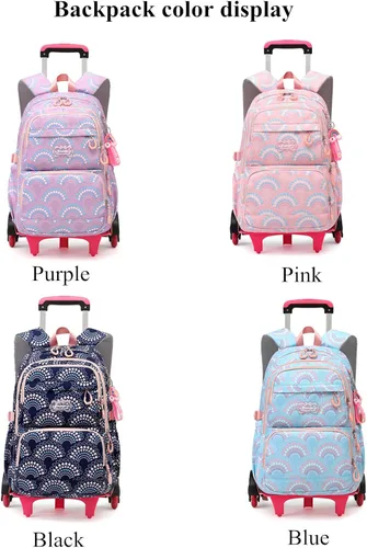 Vista 2 de Mfikaryi Mochila con ruedas para niñas, para estudiantes de primaria, al aire libre, con ruedas, Rosa-6 Ruedas, Moderno