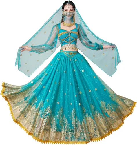 Vista 9 de Disfraces de princesa jazmín para mujer, disfraz de Aladdin para Halloween, cosplay, traje de danza del vientre