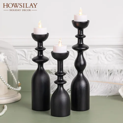 Vista 5 de HOWSILAY Portavelas de Madera para Centro de Mesa Candelabros Negros - Portavelas Rústicos que se Ajustan a Velas Cónicas de 3/4" o 7/8" y Velas