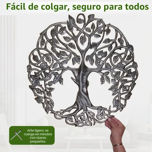 Vista 5 de Diseño inspirado en árbol de la vida celta, arte de pared de metal, comercio justo de Haití, 23" x 23".