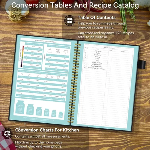 Vista 2 de Libro de Recetas para Escribir tus Propias Recetas, Cuaderno de Recetas en Blanco con Pestañas para Amantes de la Cocina Familiar, Organizador