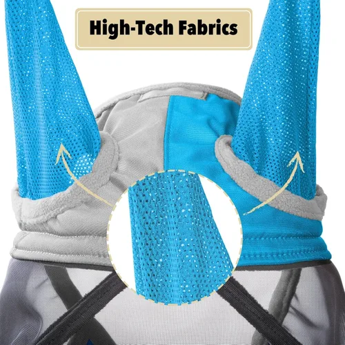 Vista 4 de Harrison Howard Máscara de mosca de caballo luminosa profesional estándar con orejas protección UV para caballo, azul y plateado, pequeño poni