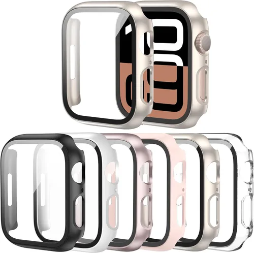 Vista 7 de Paquete de 6 fundas para Apple Watch Series 9, Series 8, Series 7 de 1.61 pulgadas, funda con protector de pantalla de vidrio templado incorporado