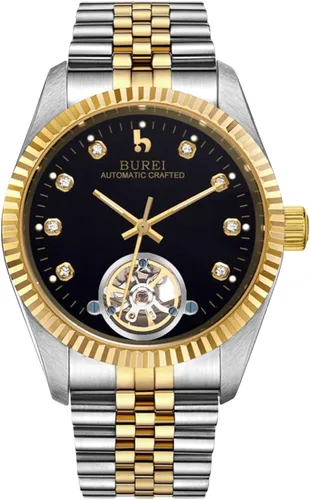 Vista 14 de BUREI Reloj automático de lujo para hombre, resistente al agua, reloj mecánico, correa ajustable de dos tonos de acero inoxidable