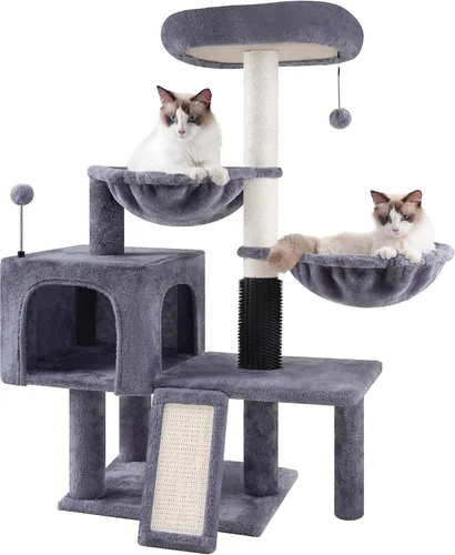 Vista 9 de ROYPET Árbol para gatos con condominio para gatos y dos hamacas, torre para gatos con postes rascadores y almohadillas para rascar, color beige