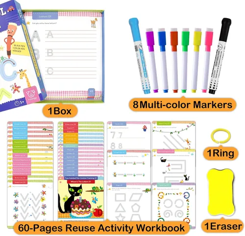 Vista 2 de Actividades de Aprendizaje Preescolar 60 Páginas Reutilizables, Libro de Práctica de Escritura de Letras y Números para Niños, Juguetes