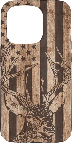 Vista 14 de Funda de madera para iPhone 16 con diseño de ciervo de cola blanca para caza cazador de bandera estadounidense