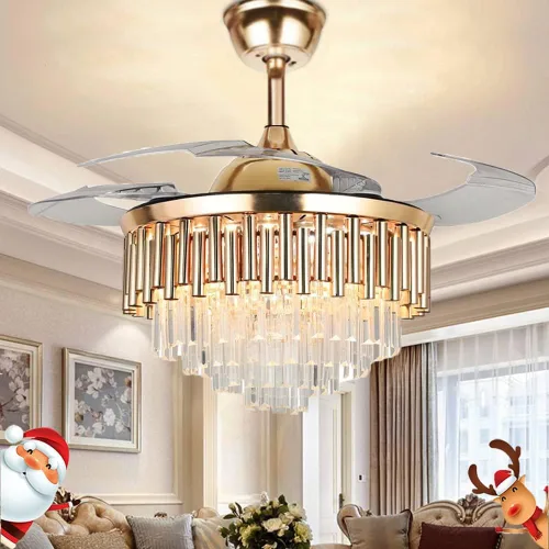 Vista 10 de Ventilador de techo de cristal de 42 pulgadas con luz y control remoto, ventilador de techo de lujo de oro rosa con aspas retráctiles, ventilador
