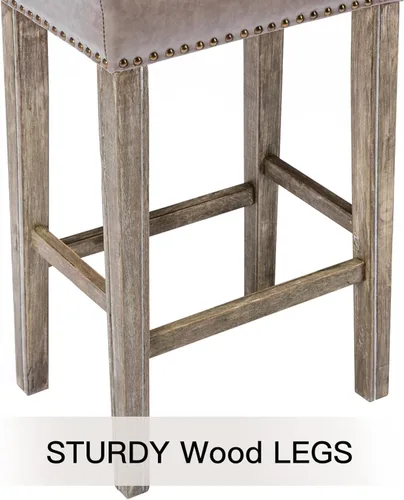 Vista 6 de Juego de 4 taburetes de bar con asiento de silla de montar de 29 pulgadas, taburetes de bar de piel sintética, sillas de bar de madera con cabeza