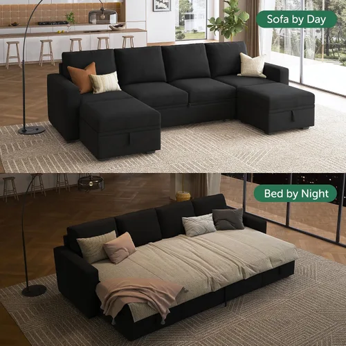 Vista 3 de HONBAY Sofá cama modular seccional, sofá modular de terciopelo con cama extraíble, sofá modular en forma de U con otomana de almacenamiento