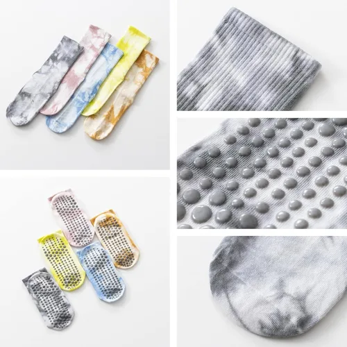Vista 5 de Calcetines de yoga y pilates con empuñaduras para mujer, antideslizantes, coloridos, teñido anudado, acolchados, calcetines para bailar en barra