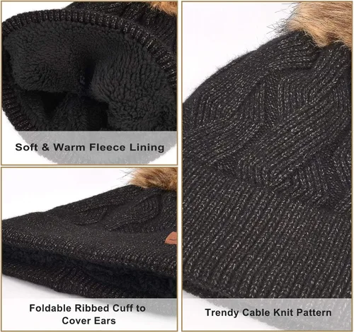 Vista 4 de MAYLISACC Gorro y guantes para mujer, gorro térmico de punto de invierno, 2 piezas, con forro polar grueso para mujer