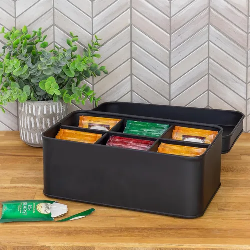 Vista 4 de AuldHome Design Caja de Bolsitas de Té Enlozada (Negro), Lata de Almacenamiento de Té de Estilo Clásico y Elegante