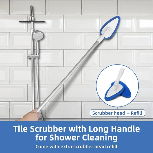 Vista 2 de Qaestfy Cepillo de limpieza para bañera y azulejos con mango largo ajustable de 51 pulgadas, cepillo de limpieza de bloqueo en su lugar, cabezal