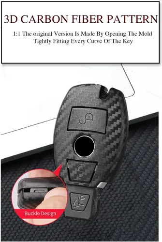 Vista 3 de ontto Funda de llave de 2 botones para Mercedes-Benz, funda mate para llavero con patrón de carbono, Negro