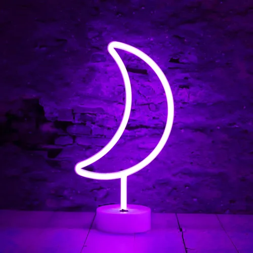 Vista 2 de Letreros LED de neón de luna, luces nocturnas moradas de media luna con USB, funciona con pilas, lámpara de luna para fiesta de cumpleaños, boda