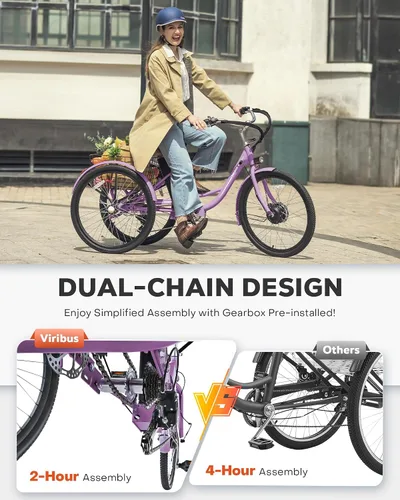 Vista 4 de VIRIBUS Triciclo eléctrico para adultos, triciclo eléctrico de 24 26 pulgadas con batería extraíble de 468 Wh, 250 W/350 W (pico 500 W) bicicletas