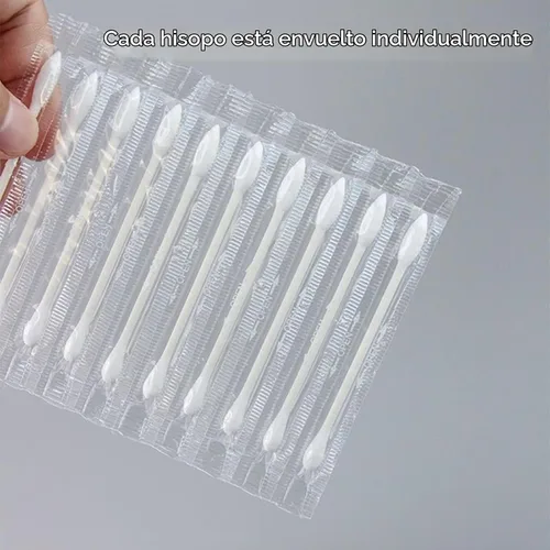 Vista 2 de Hisopos de algodón, Q Tips, 100 capullos de algodón natural, puntas de algodón de doble punta envueltas individualmente para orejas, cuidado