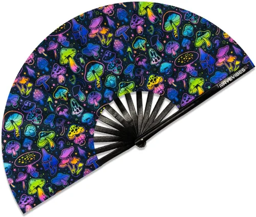 Vista 14 de Ravevibes Ventilador de mano plegable grande de 13 pulgadas, ventilador de bambú para festivales de bambú, ventiladores plegables con brillo UV
