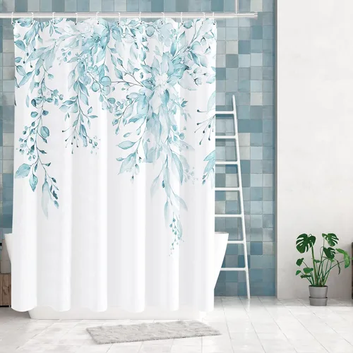 Vista 57 de Tititex - Juego de cortinas de ducha de eucalipto negro, hojas de acuarela gris en la parte superior, con decoración floral de baño, 60 x 72